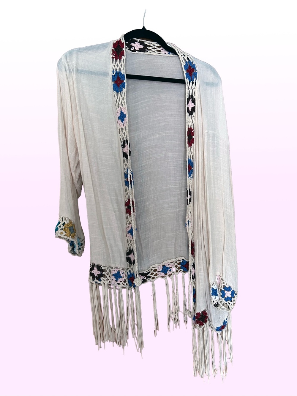 Kindred+ Boho Crochet Granny Square Fringe Kimono Cardigan – Size 2X (NWOT)